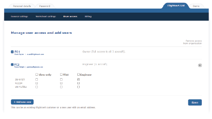 Manage aircraft user access settings