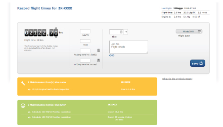 Flight log dashboard showing real time information, custom cycles and upcoming maintenance