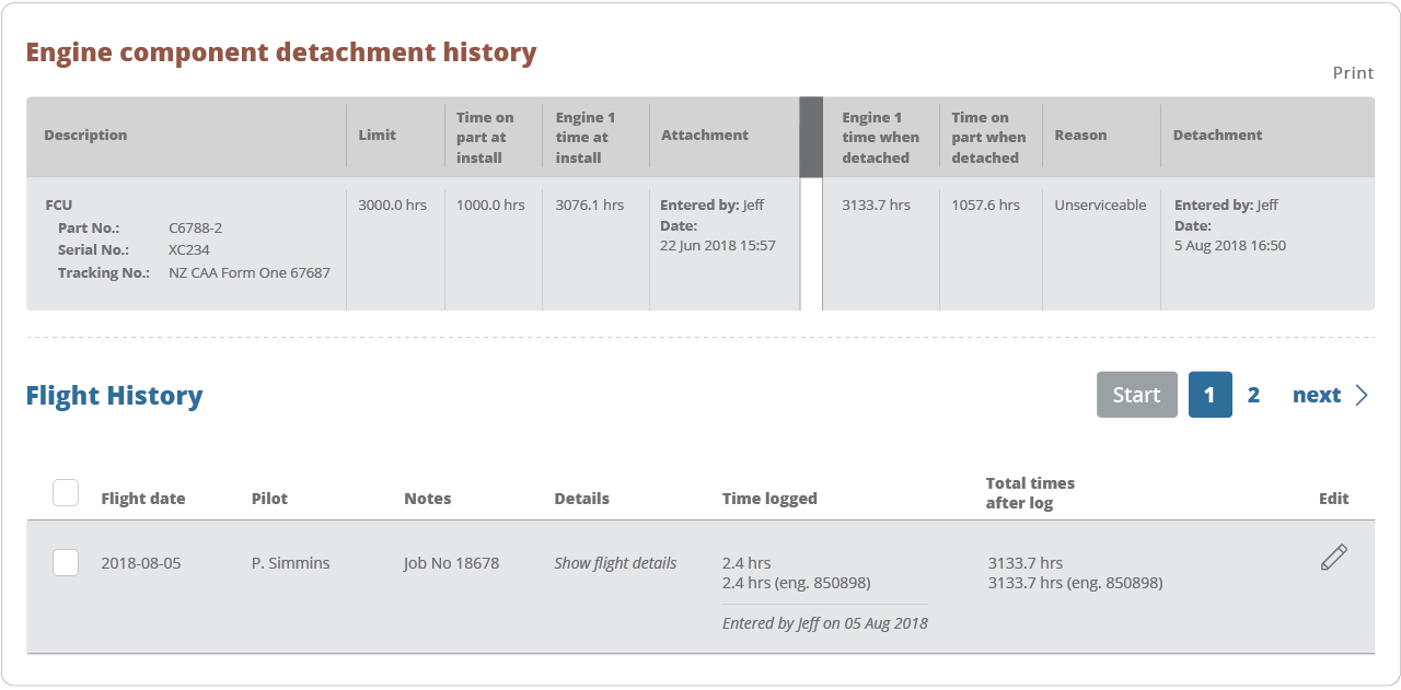 Engine component detachment and flight history